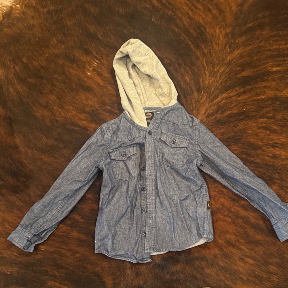 Boys Lee Blue Denim Jacket with Gray Hood